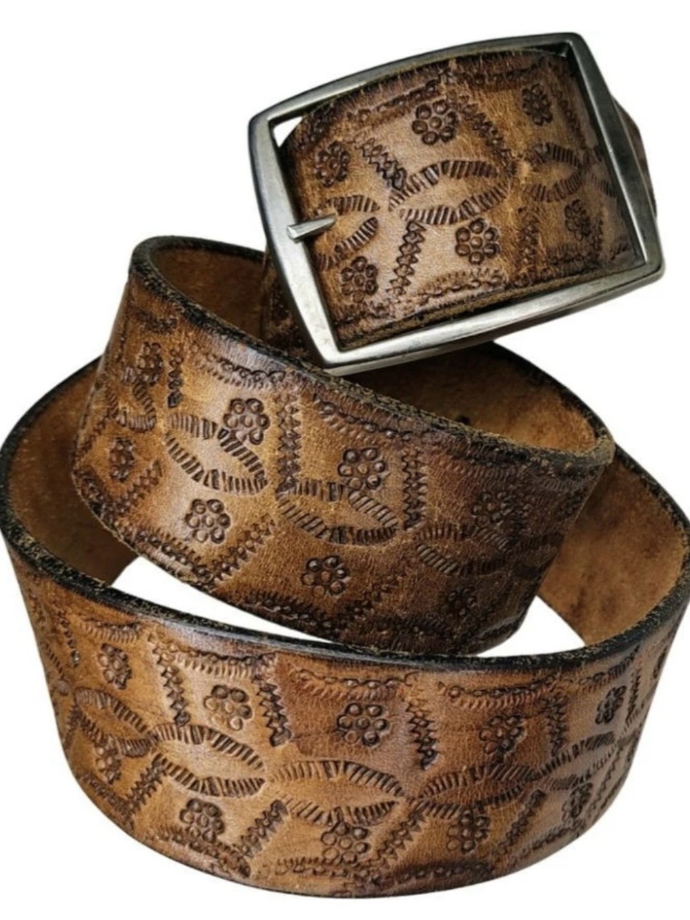 Vintage 70s Boho Hippie Tooled Leather Belt